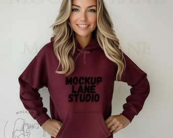 Gildan 18500 Mockup Maroon, Maroon Hoodie Mockup, 18500 Hood Mock, Female hoodie mockup, Gildan 18500 Maroon Mock up, POD Image