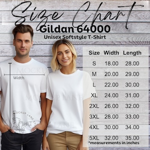 Gildan 64000 Paare Größentabelle Mockup, Gildan T-Shirt Größentabelle, Gildan Unisex Größentabelle, G64000 Größentabelle, Herren und Damen Größentabelle