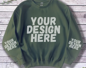 Maquette de sweat-shirt vert militaire Gildan 18000, Gildan 18000, maquette de manche à plat, maquette en toile, maquette de manche G18000, pose à plat de Gildan