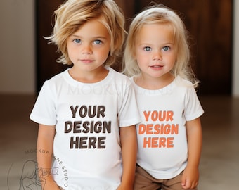 Bella Canvas 3001T Sibling Mockup, White T-Shirt Toddler Mock up, BC3001T White Shirts, Unisex Boy Girl White T-shirt Mockup Canva Editable
