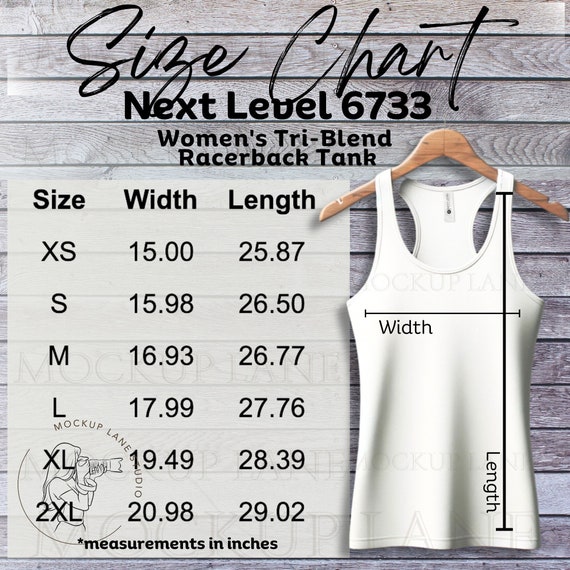 Next Level 6733 Size Chart, NL6733 Tank Top Size Chart, Ladies