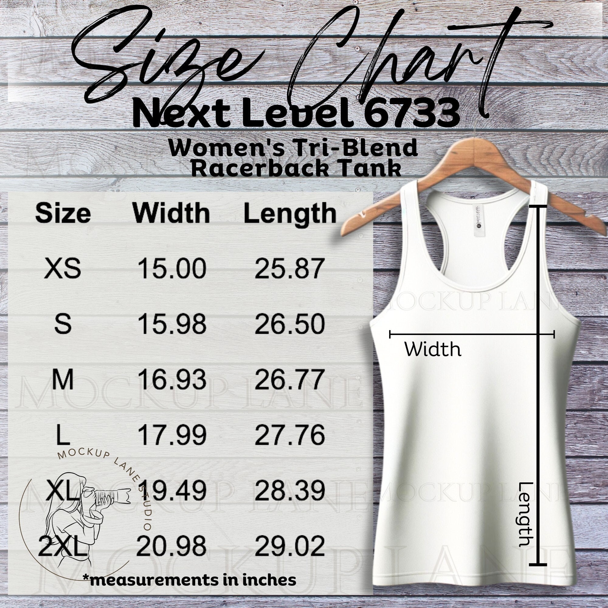 Next Level 6733 Size Chart, NL6733 Tank Top Size Chart, Ladies