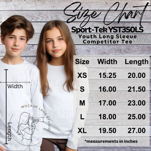 May include: Size chart for youth long sleeve competitor tee by Sport-Tek YST350LS. The chart shows sizes XS through XL with corresponding width and length measurements in inches.
