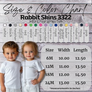 Tabella taglie Rabbit Skins 3322, Taglie pelli di coniglio per neonati, Tabella taglie RS 3322, Modello tabella colori Rabbit Skins, Immagine colore taglia 3322