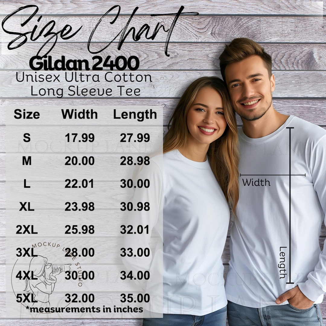 Gildan 2400 Size Chart Mockup, Gildan Tshirt Size Guide, Couples Size