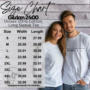 Gildan 2400 Größentabelle Mockup, Gildan T-Shirt Größentabelle, Paar-Größentabelle, G2400 Größentabelle, Gildan Unisex Langarm-Größentabelle