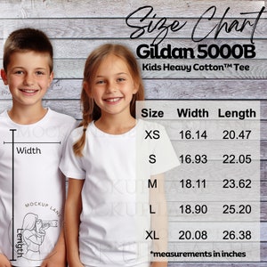 Gildan G180B Youth Unisex Heavy Blend Crew Sweatshirt XS - XL Size Chart |  Sweater Guide Mockup JPEG Download