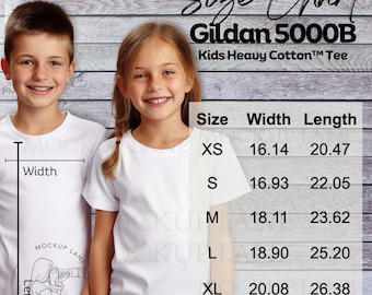 Gildan 5000B maattabel mockup, Gildan Kids katoenen T-shirt maattabel, Gildan jeugd maattabel, G5000B maattabel, model maattabellen