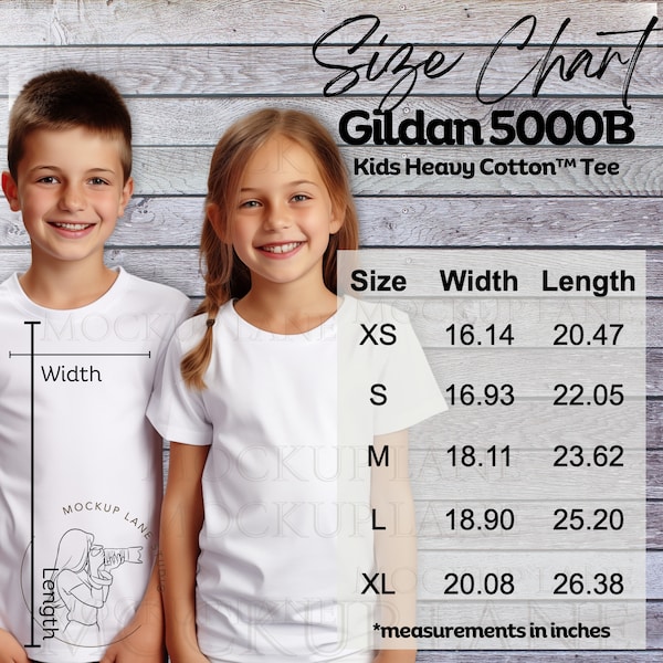 Mockup della tabella delle taglie Gildan 5000B, Guida alle taglie delle magliette in cotone per bambini Gildan, Tabella delle taglie per giovani Gildan, Guida alle taglie G5000B, Tabelle delle taglie dei modelli