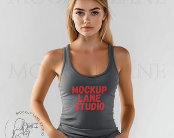 Bella + Canvas 1081 Mockup, BellaCanvas 1081 Deep Heather, Geribbelde Tanktop dames, Model Mockup 1081, BC1081, Canva Mockup