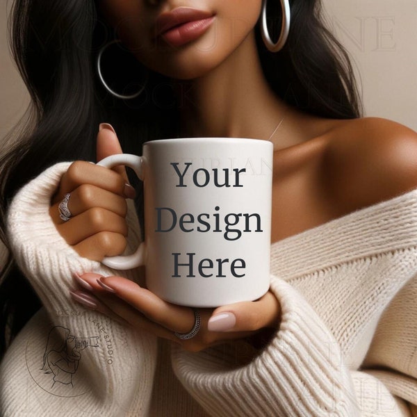 White Mug Mockup, Woman Holding Mug, White Mug Mockup, 11oz Coffee Mug Mockup, Canva Mug Mockup, Cozy Mug Mockup, Black Model Mockup