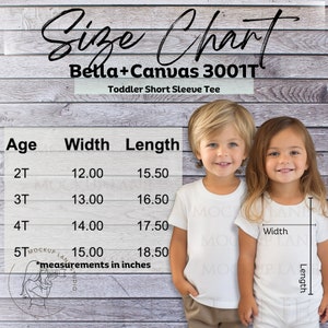 Bella + Canvas 3001T Größentabelle, Bella Canvas Kleinkind Größentabelle, 3001T Größentabelle, Unisex Jungen und Mädchen T-Shirt Größentabelle, Schüttgröße JPEG