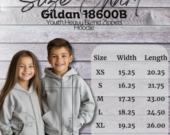 Gildan 18600B Tabela rozmiarów Model makiety, Gildan Młodzieżowy Bluza z kapturem Przewodnik po rozmiarach, Gildan Tabela rozmiarów, G18600B Przewodnik po rozmiarach, Gildan Tabela rozmiarów dla chłopców i dziewcząt