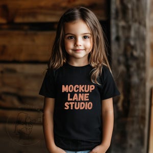 Peut inclure: Un enfant porte un t-shirt noir avec l'inscription "MOCKUP LANE STUDIO" en orange délavé. L'arrière-plan est un mur en bois et l'enfant sourit.