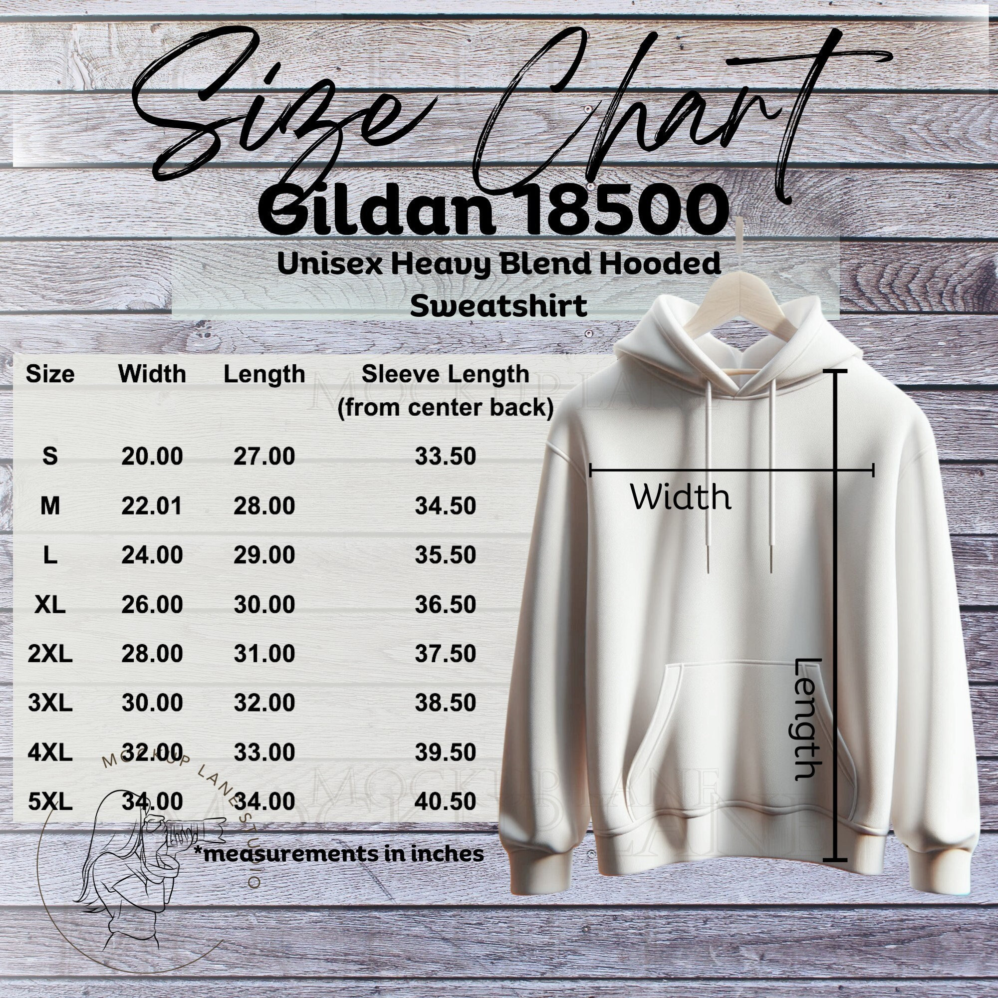 Gildan 18500 Size Chart Mockup, Gildan Hoodie Size Chart, Hoodi Sizing