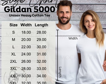 Maquette pour tableau des tailles Gildan 5000, guide des tailles pour t-shirt Gildan, tableau des tailles pour couples, guide des tailles G5000, tableau des tailles pour T-shirt unisexe Gildan JPEG