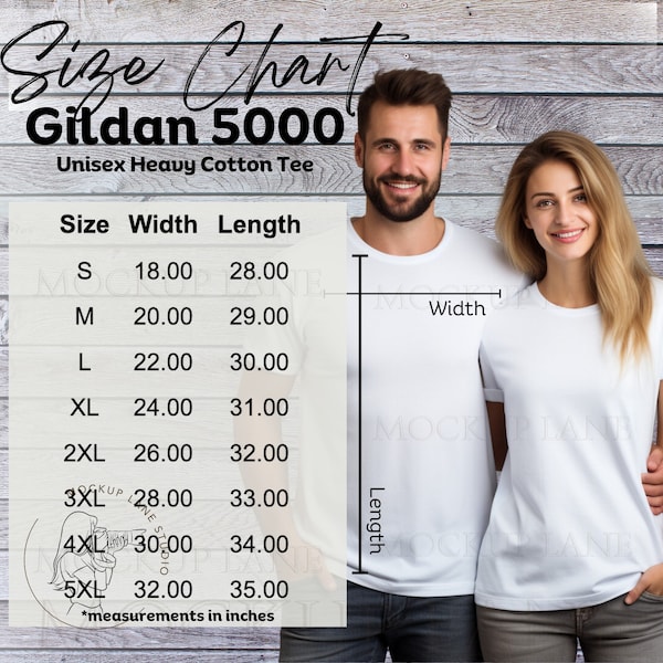 Gildan 5000 Size Chart Mockup, Gildan T-Shirt Size Guide, Couples Size Chart, G5000 Size Guide, Gildan Unisex T-Shirt Size Chart JPEG