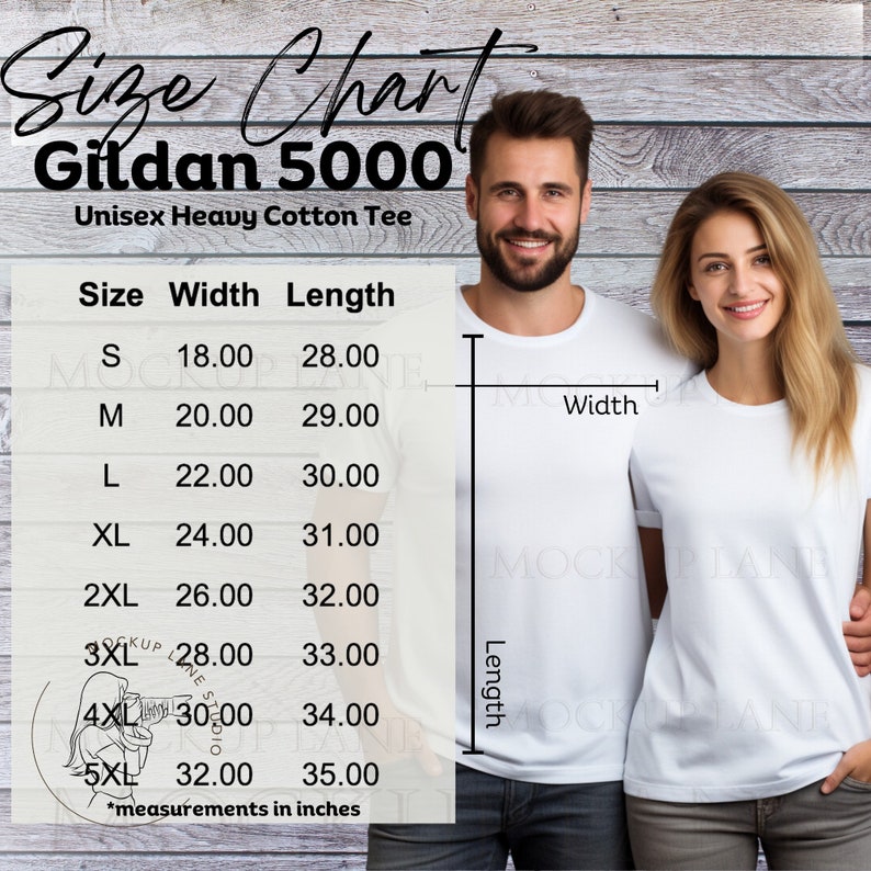 K&ouml;nnte beinhalten: Gr&ouml;&szlig;entabelle f&uuml;r Gildan 5000 Unisex-T-Shirts aus schwerem Baumwollstoff. Die Tabelle zeigt die Breite und L&auml;nge in Zoll f&uuml;r die Gr&ouml;&szlig;en S bis 5XL.