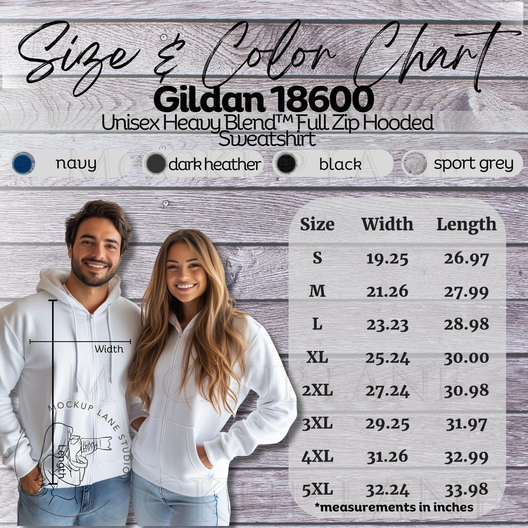 Gildan 18600 Size Chart Mockup, Gildan Hoodie Size Guide, Size and ...