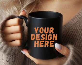 Black Mug Mockup, Woman Holding Mug, 11oz Coffee Mug Mockup, Canva Mug Mockup, Cozy Mug Mockup, 15oz coffee mug mockup photo, Fall Mug Mock