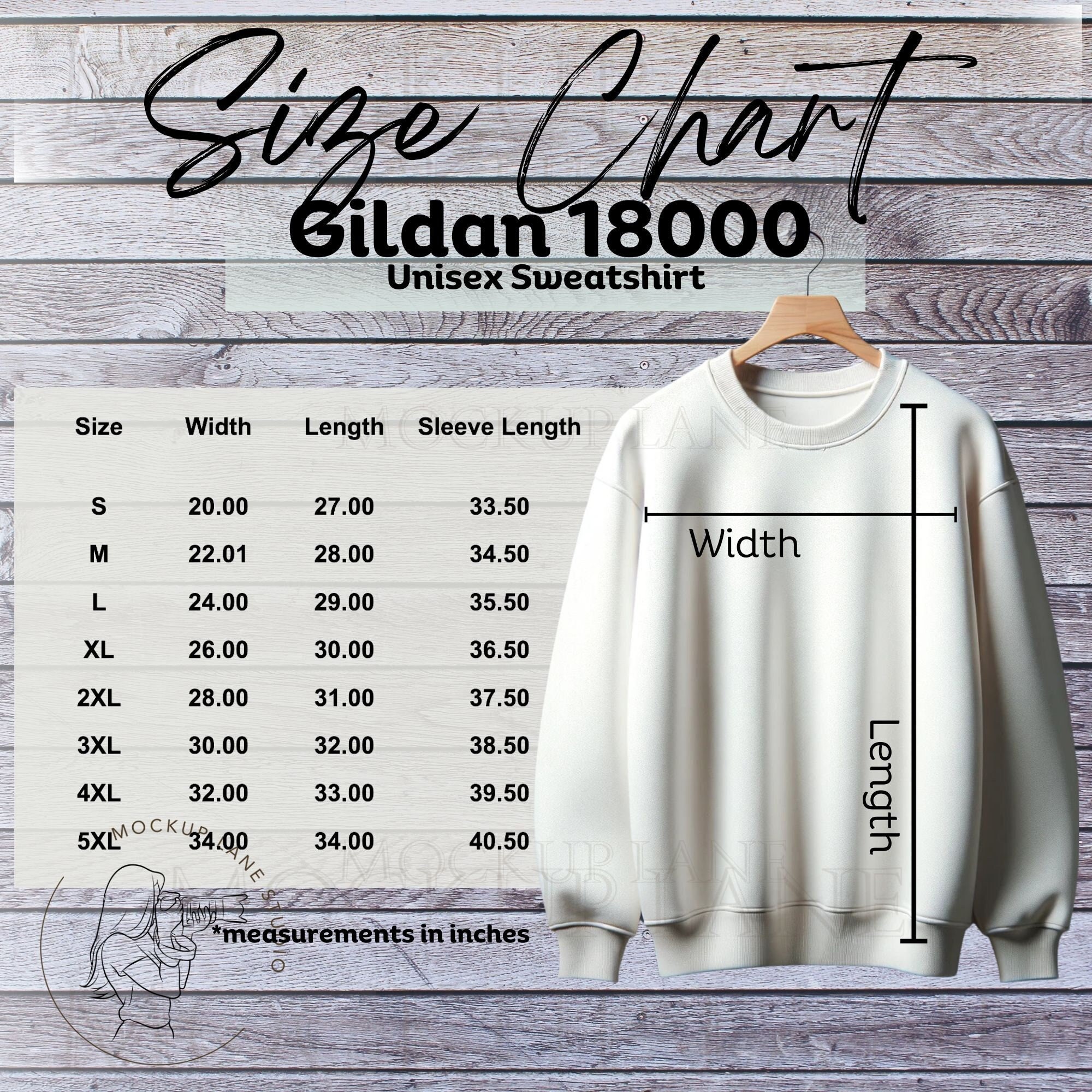 Gildan 18000 Size Chart Mockup, Gildan Sweatshirt Size Chart Guide ...