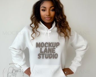 Gildan 18500 Mockup Female Model, White Hoodie Mockup, 18500 White Hood Mock, Black Model mockups, Gildan 18500 Mock up, G18500 Image
