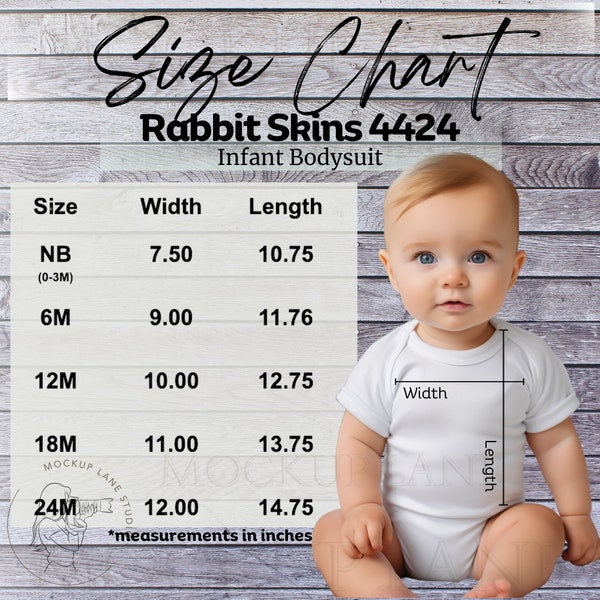 Kaninchen Skins 4424 Säuglings Onesie Größentabelle, RS 4424 Größentabelle, Kaninchen Skins Sizechart, JPEG Size Chart Rabbit Skins 4424, Säugling Mockups