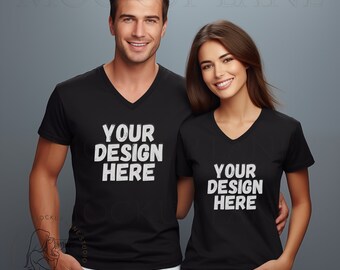 Bella and Canvas 3005 Black V-Neck Mockup, Bella+Canvas Couples Mockups, BC 3005 Black, Bella Canvas Vneck Mockup, Black V-neck Mockup Image