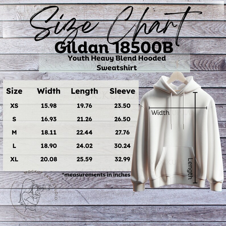 Gildan 18500B Size Chart Mockup, Gildan Youth Hoodie Size Chart Guide