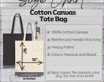Pode incluir: Um guia de tamanhos para uma bolsa tote de lona de algodão. A bolsa tem 16 polegadas de largura, 20 polegadas de altura e 15 polegadas de profundidade. A bolsa está disponível nas cores natural e preto. A bolsa é feita de lona de algodão 100% e tem costuras de alça reforçadas. A bolsa deve ser limpa a seco e não deve ser branqueada ou passada a ferro.