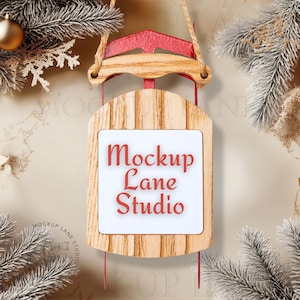 Sled Ornaments Mockup by District Photo, Printify Christmas Ornament Mockup, Wooden Sled Ornament Mockup, Canva Editable, JPEG Ornament Mock