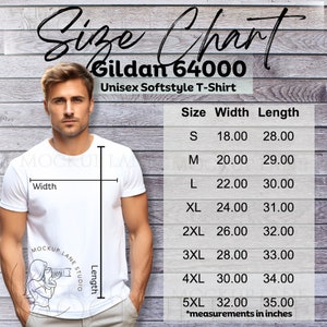 Gildan 64000 Size Chart, Gildan Men&#39;s T-Shirt Size Guide, Gildan Mens Sizing Chart, G64000 Size Guide, Model Size Chart, Gildan Male Sizing