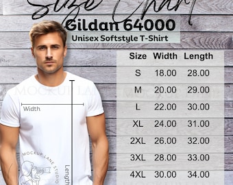 Tabla de tallas Gildan 64000, Guía de tallas de camisetas Gildan para hombre, Tabla de tallas Gildan para hombre, Guía de tallas G64000, Tabla de tallas de modelo, Talla masculina Gildan