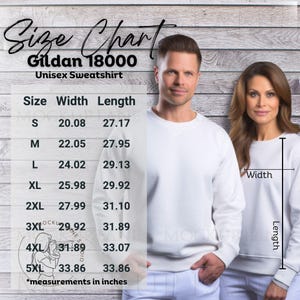 Może przedstawiać: Tabela rozmiarów dla unisexowych bluz Gildan 18000, pokazująca szerokość i długość w calach dla rozmiarów od S do 5XL.