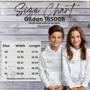Gildan 18500B Größentabelle Modell Mockup, Gildan Jugend Hoodie Größentabelle, Gildan Größentabelle, G18500B Größentabelle, Jungen und Mädchen Gildan Größentabelle
