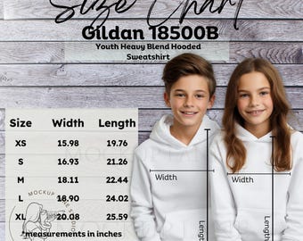 Gildan 18500B Tabela rozmiarów Model makiety, Gildan Młodzieżowy Bluza z kapturem Przewodnik po rozmiarach, Gildan Tabela rozmiarów, G18500B Przewodnik po rozmiarach, Gildan Tabela rozmiarów dla chłopców i dziewcząt