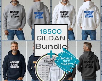 Gildan 18500 mockup-bundel heren, Gildan mannelijk modelbundel, voor- en achterkant mockup-hoodie voor heren, marineblauw, zand, atletisch grijs mockups, G18500