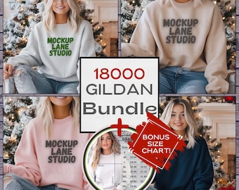 May include: A set of four mockups featuring a Gildan sweatshirt in white, beige, pink, and navy blue. Each sweatshirt has the text "MOCKUP LANE STUDIO" printed on the front. The image also includes a size chart for Gildan sweatshirts.