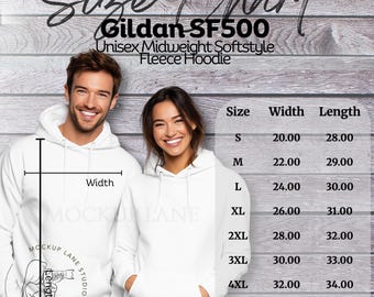 Mockup maattabel Gildan SF500, gids fleece hoody, meettabel echt model, bundellijst canva-kaart