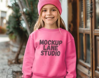Gildan 18000B mockup veiligheidsroze, Gildan 18000B-mockup voor kinderen, roze sweatshirt-spotten, zwart model Mockup Gildan 18000B veiligheid roze, canvas mock-up