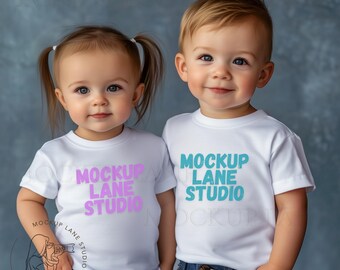 Gildan Mockup 5100P, White T-Shirt Toddler Mock up, Mother's Day Shirt Mockup, Boy Girl White T-shirt, Canva Editable, G5100P Sibling Mockup