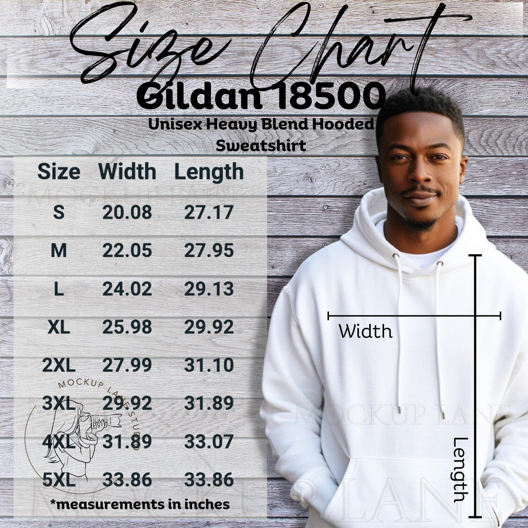 Gildan 18500 Size Chart Mockup, Gildan Hoodie Size Chart, Male Size