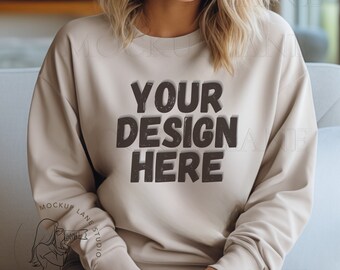 Gildan 18000 Mockup Sand, Gildan 18000 Sweatshirt, Female Model Sweatshirt Mock, Canva POD Sweatshirt, G18000 Sand Mockup, Sweatshirt Model