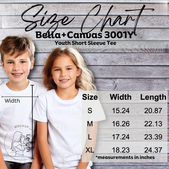 Bella Canvas 3001Y Size Chart Mockup, T-Shirt Youth Size Guide, BC3001Y Sizing Chart, Youth Unisex Size Chart Bella + Canvas, Model Charts