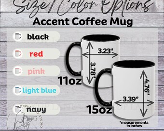 Tabella delle dimensioni delle tazze, tazza da caffè Accent, mockup di tazza da caffè da 11 once, tabella delle dimensioni e dei colori delle tazze, dimensioni delle tazze da caffè, dimensioni delle tazze Printify Accent