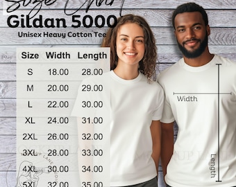 Maqueta de la tabla de tallas Gildan 5000: Guía de tallas de camisetas unisex (descarga digital)