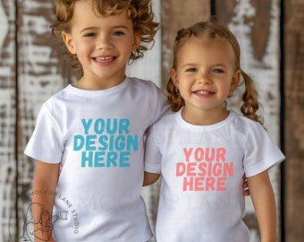 Bella Canvas 3001T Sibling Mockup, White T-Shirt Toddler Mock up, Mother's Day Shirt Mockup, Unisex Boy Girl White T-shirt Canva Editable