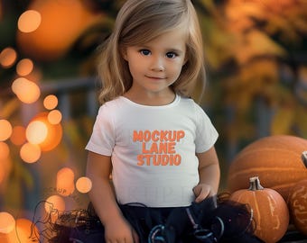 Può includere: Una bambina indossa una maglietta bianca con la scritta "MOCKUP LANE STUDIO" in arancione. La bambina indossa un tutù nero ed è posizionata davanti a delle zucche. Lo sfondo presenta luci arancioni sfocate.