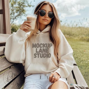 Gildan Sand 18500 Mockup Female Model, 18500 Sand Hoodie Mock, Womens Gildan mockup, Gildan 18500 Beach Hoodie JPEG Image, POD Listing Photo