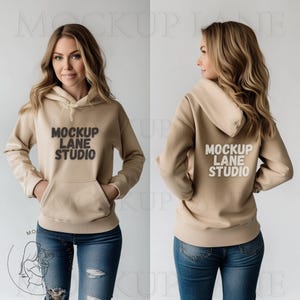 Gildan 18500 Sand Mockup, Gildan Front and Back Hoodies, POD Shirt Mock, Lifestyle Mockup, Female Front and Back Hoodie Mock, G18500 Sand